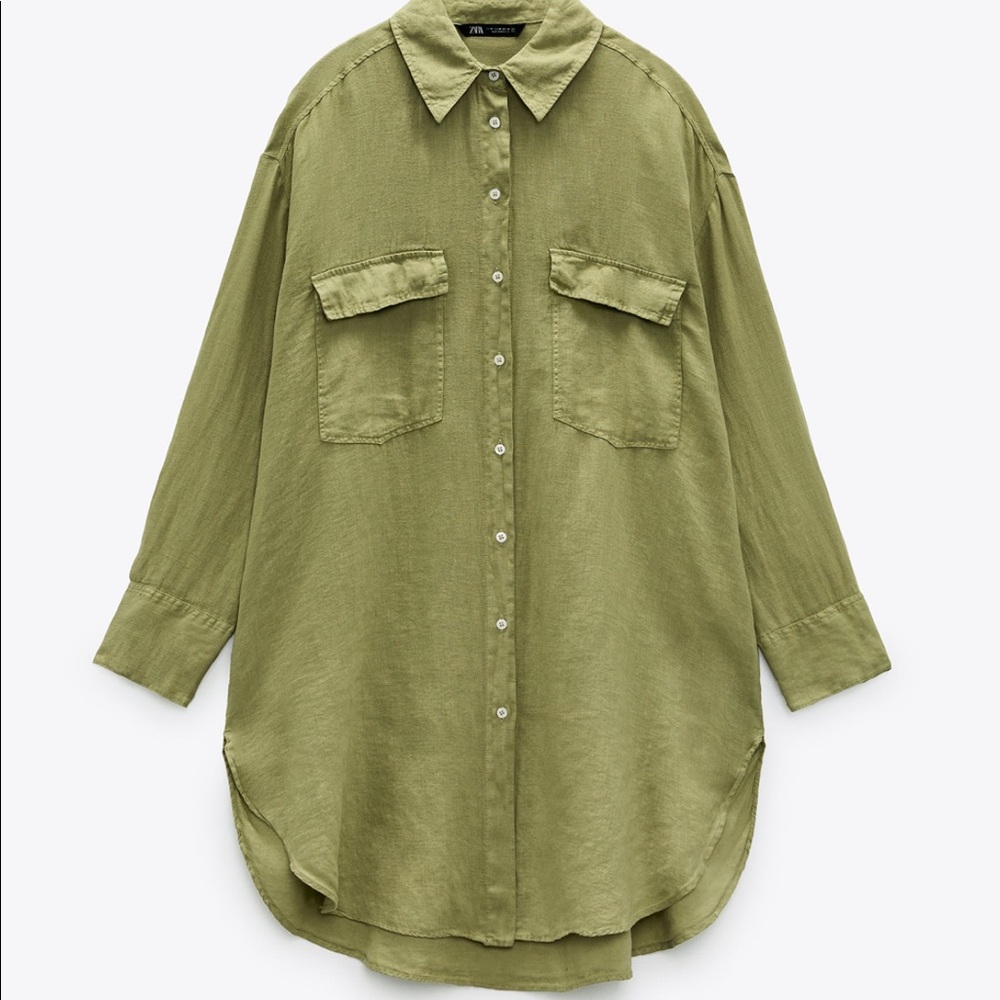 NWT ZARA 100% LINEN OVERSIZED GREEN SHIRT - Picture 11 of 14
